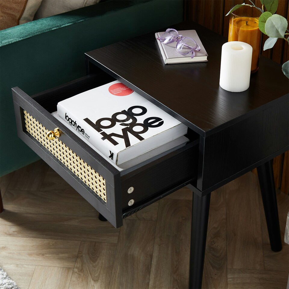 image 1 of VonHaus Whitworth 1 Drawer Black and Cane Side Table