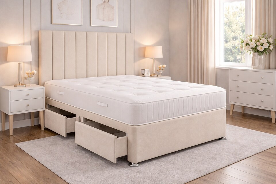 Divan cream plush 4ft small double bed set with headboard and mattress 2 Drawers One Each Side