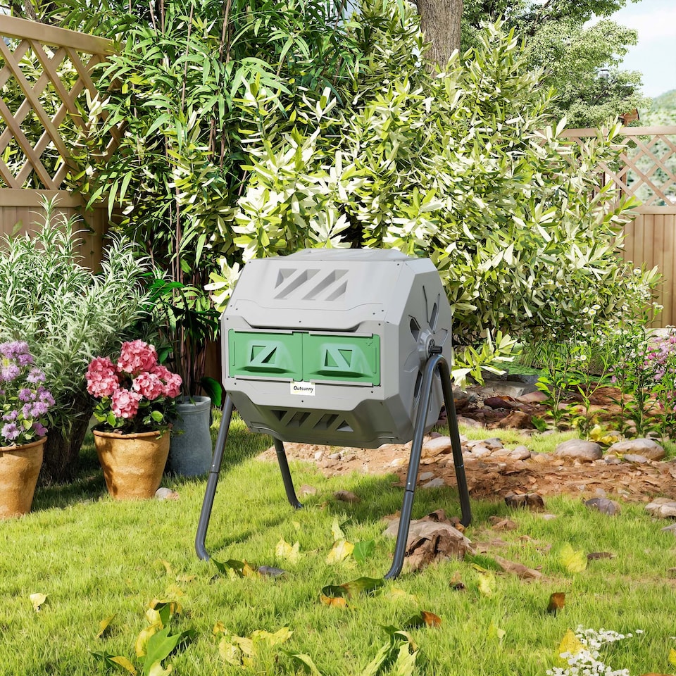 image 1 of Outsunny 160L Outdoor Tumbling Compost Bin with Dual Chamber, Grey