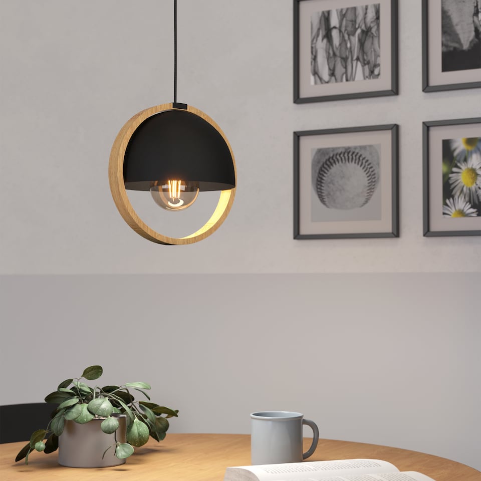 image 1 of EGLO Callow Steel and Wood Black/Brown Single Pendant | Copper