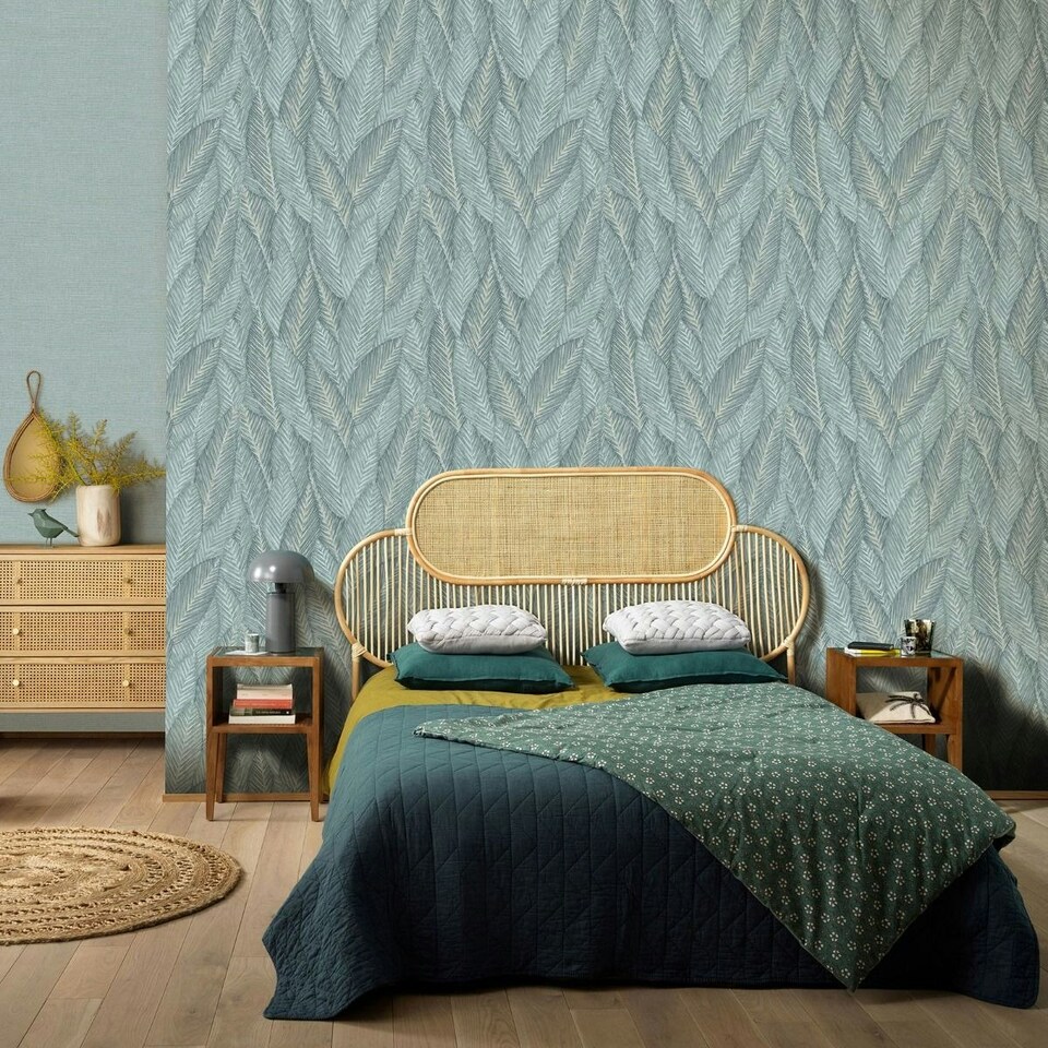 image 1 of Erismann Martinique Leaf Textured Vinyl Wallpaper - Sage - 10m x 53cm Green