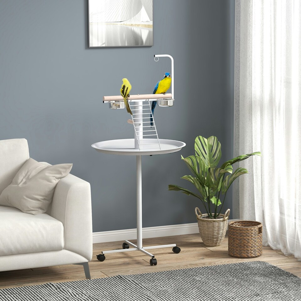 image 1 of PawHut Bird Table with Four Wheels, Perches, Stainless Steel Bowls, Round Tray
