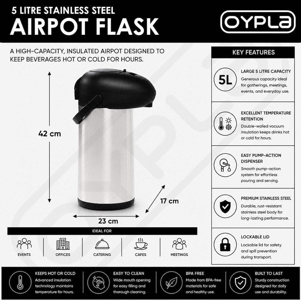 image 1 of 5L Stainless Steel Airpot Insulated Vacuum Thermal Flask Jug