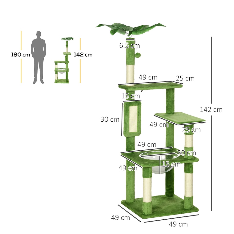 image 1 of PawHut 142cm Cat Tree with Scratch Posts Hammock Platforms Toy Balls, Green
