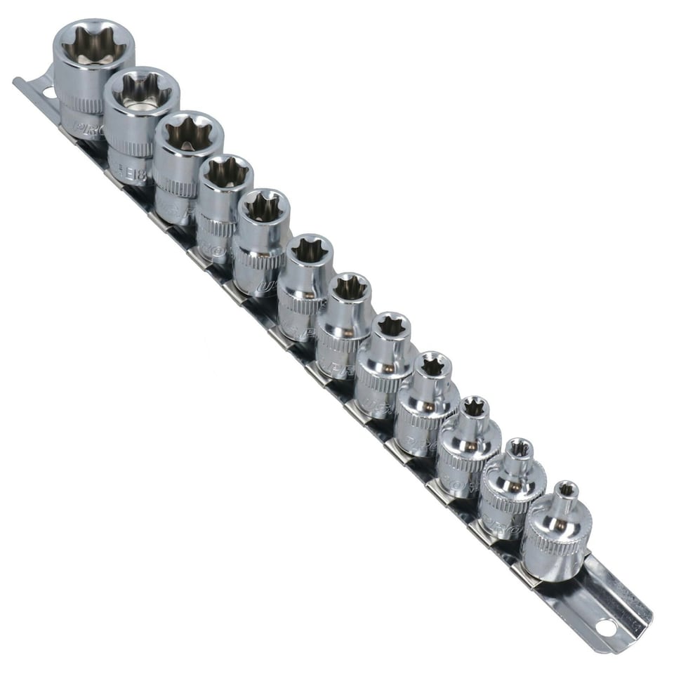 image 1 of 3/8" Drive Female Torx Star E Shallow Sockets E4 - E20 12pc Set On A Rail