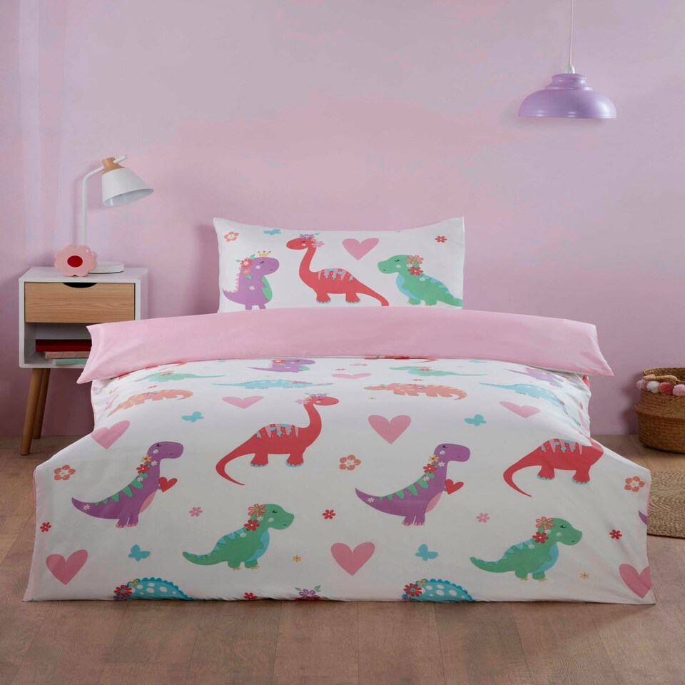 image 1 of Dino Daisy Microfibre Reversible Duvet Cover Set with Pillowcase Multi | Single