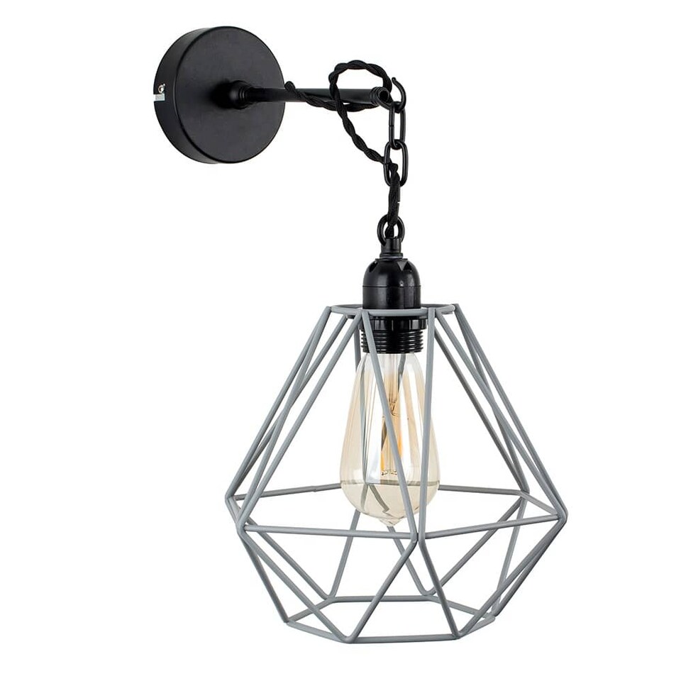 image 1 of ValueLights Huber Black Steampunk Ceiling Light With Grey Wire Pendant Shade | Grey
