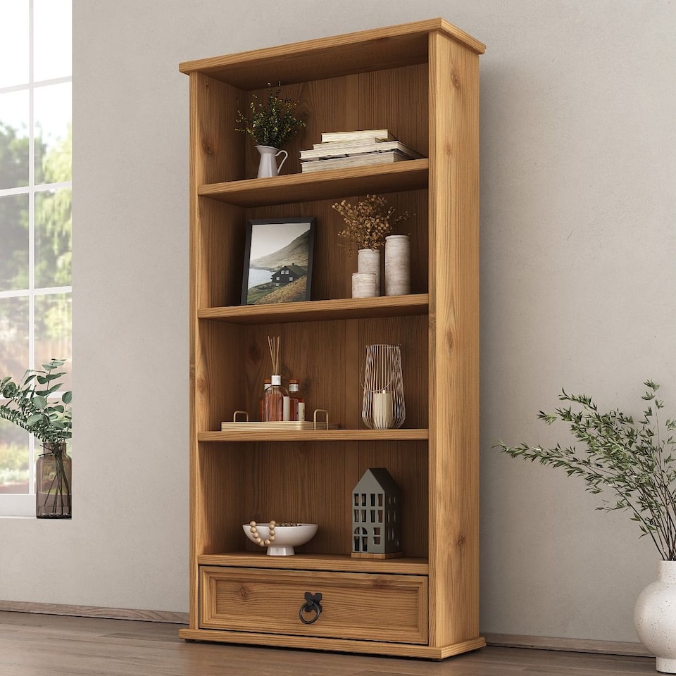 image 1 of Corona Bookcase 1 Drawer DVD Media Rack 4 Shelf Display Storage Unit Solid Mexican Pine