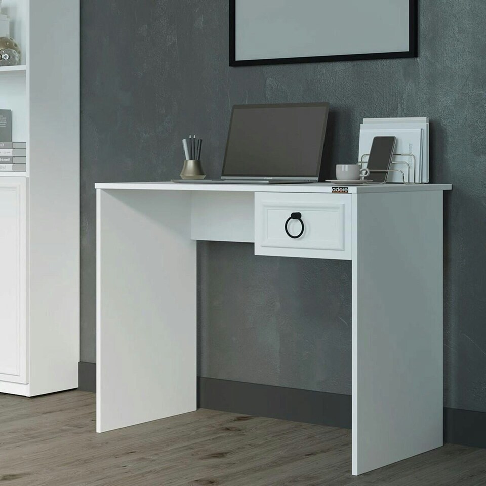 image 1 of Adore Matt White Laptop Study Desk with 1 Drawer | White