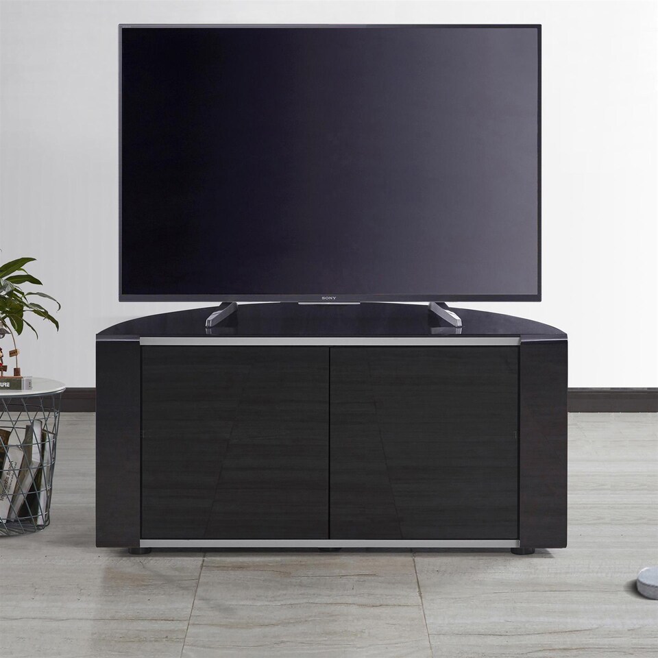image 1 of MDA Designs Sirius 850 Remote Friendly Beam Thru Glass Door Gloss Piano Black with Black Front Profiles & Silver Trim up to 40" LCD/Plasma/LED Cabinet TV Stand | Multi | 1