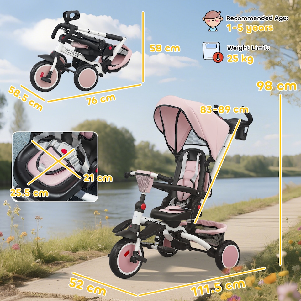image 1 of AIYAPLAY Kids Trike, Toddler Tricycle 6 in 1 Foldable Baby Trike with Adjustable Parent Handle & Canopy, Convertible Seat, 5-Point Harness, Storage Basket & Bag for Ages 1-5 Years, Pink