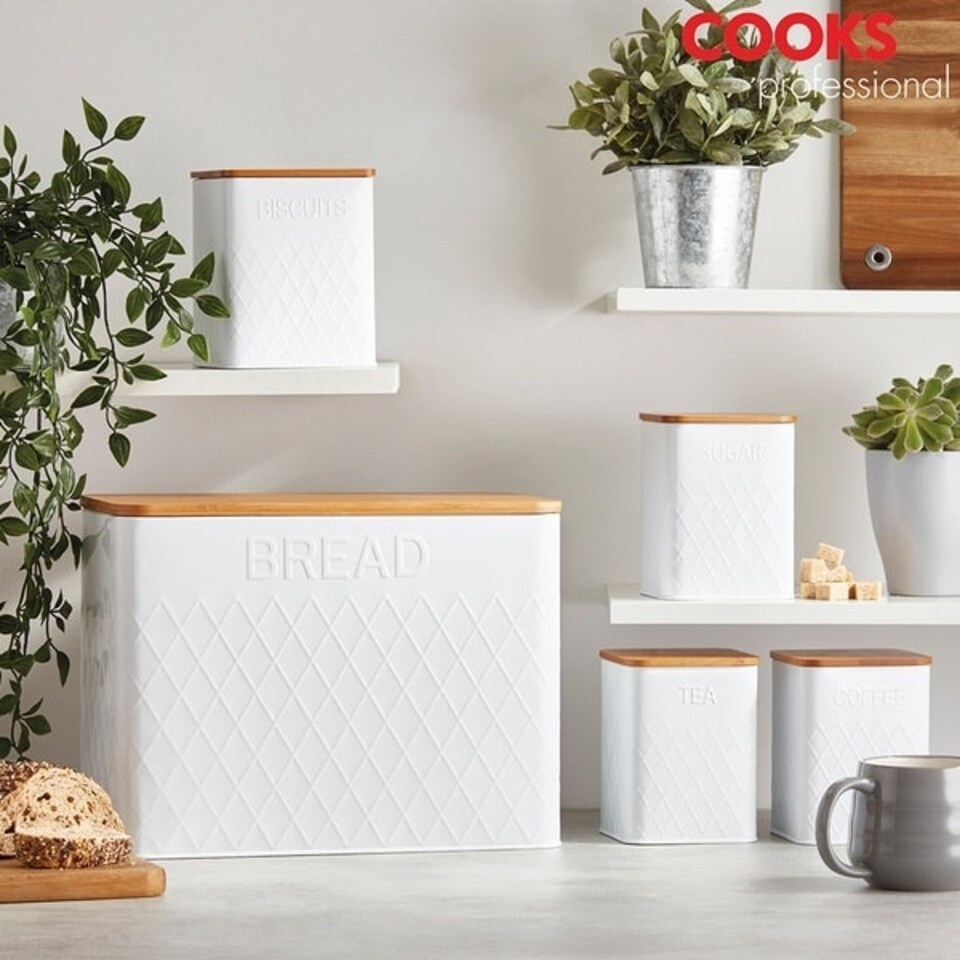image 1 of Cooks Professional Kitchen Storage Set | 5-Piece Square with Bamboo Lids | Bread Biscuit Tea Coffee Sugar | White