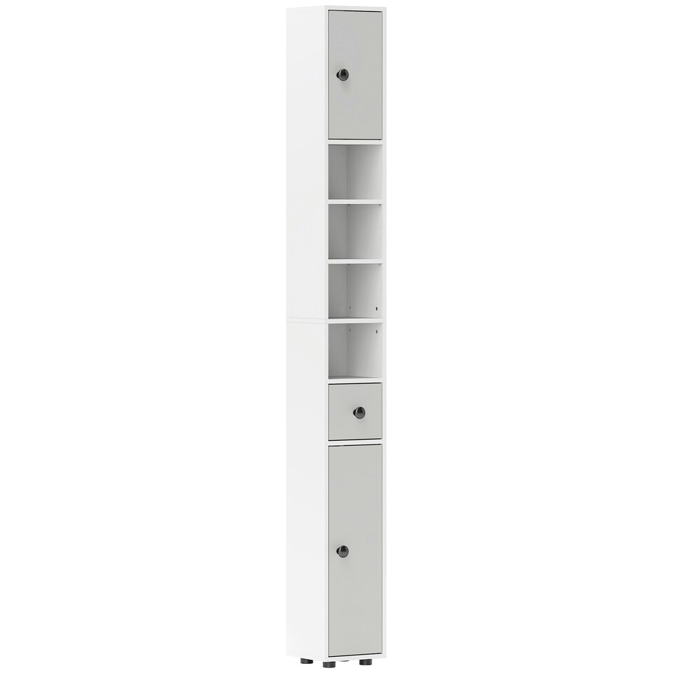 image 1 of kleankin Slim Bathroom Cabinet, Toilet Roll Storage w/ Shelves, Light Grey | Grey | White | 180H x 20W x 20D cm