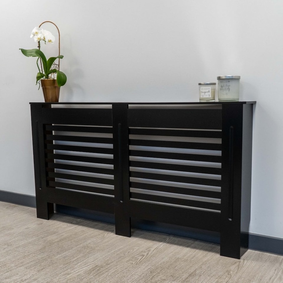 image 1 of JSH Radiator Cover Black Horizontal Slat Wood MDF - Large - 152cm (W) x 81.5cm (H) x 19cm (D) | Black