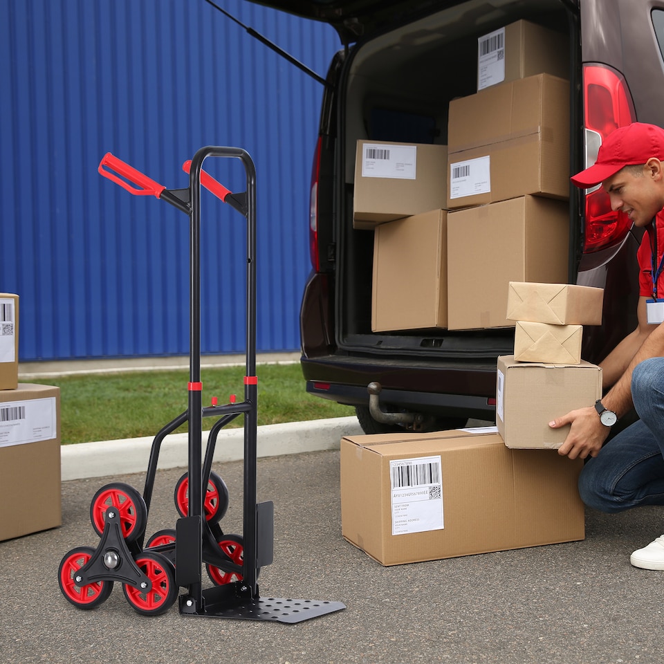 image 1 of DURHAND Stair Climbing Hand Truck, Heavy Duty Foldable Trolley on Wheels, Multi-Purpose Sack, Steel Truck Moving Trolley, 120kg, Red