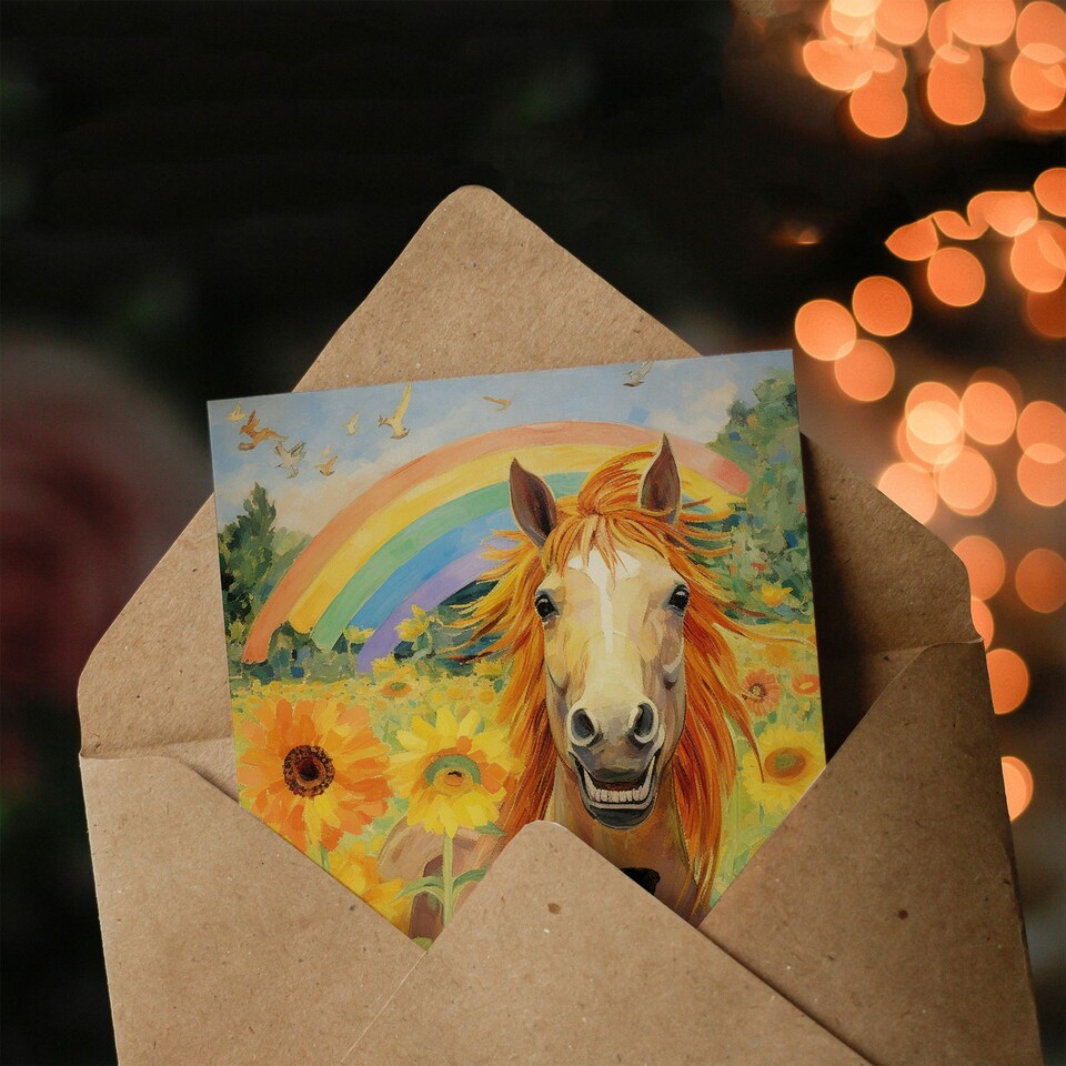 image 1 of Rainbow Sunflowers Kids Age 7 Year Old Horse Child Kids 7th Birthday Card