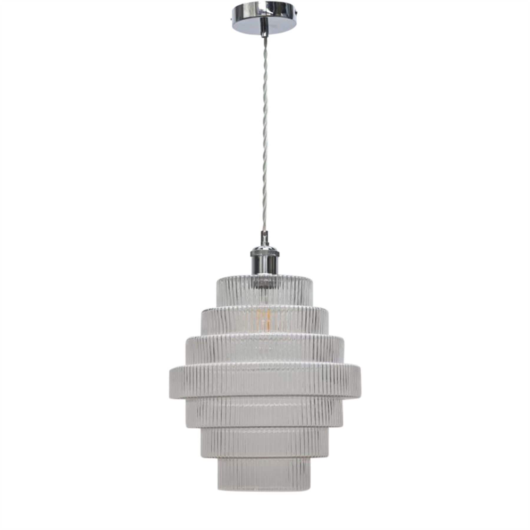 First Choice Lighting Benson - 7 Tier Large Stepped Clear Glass Chrome Ceiling Pendant Light