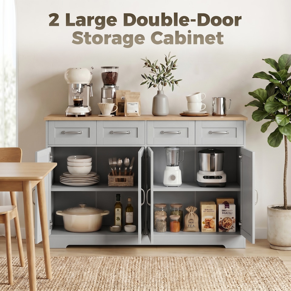 image 1 of HOMCOM Sideboard with 4 Drawers, 4 Doors and 2 Adjustable Shelves, Grey