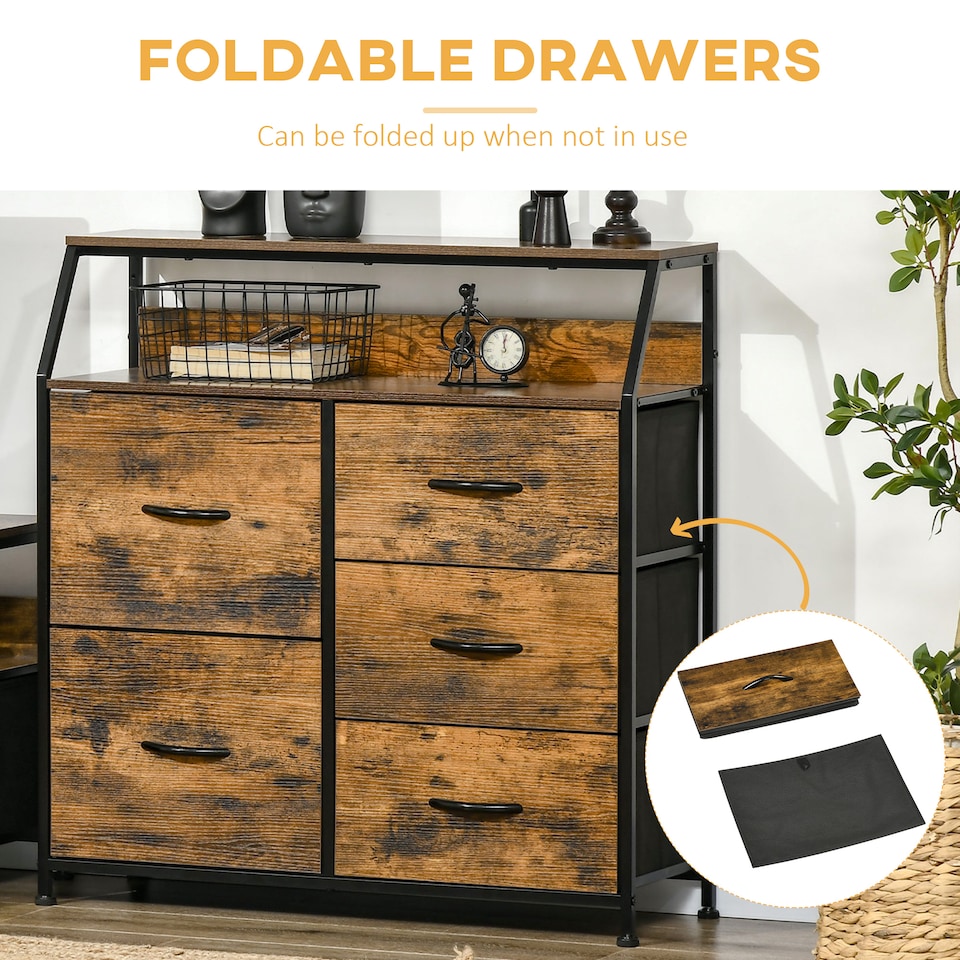 image 1 of HOMCOM Bedroom Chest of Drawers, Industrial 5 Fabric Drawer Dresser with Open Shelf for Living Room, Rustic Brown