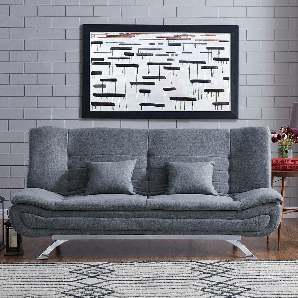 image 1 of Living and Home Linen Fabric 2-Seat Convertible Sofa Bed with Cushions | Grey | Two Seater