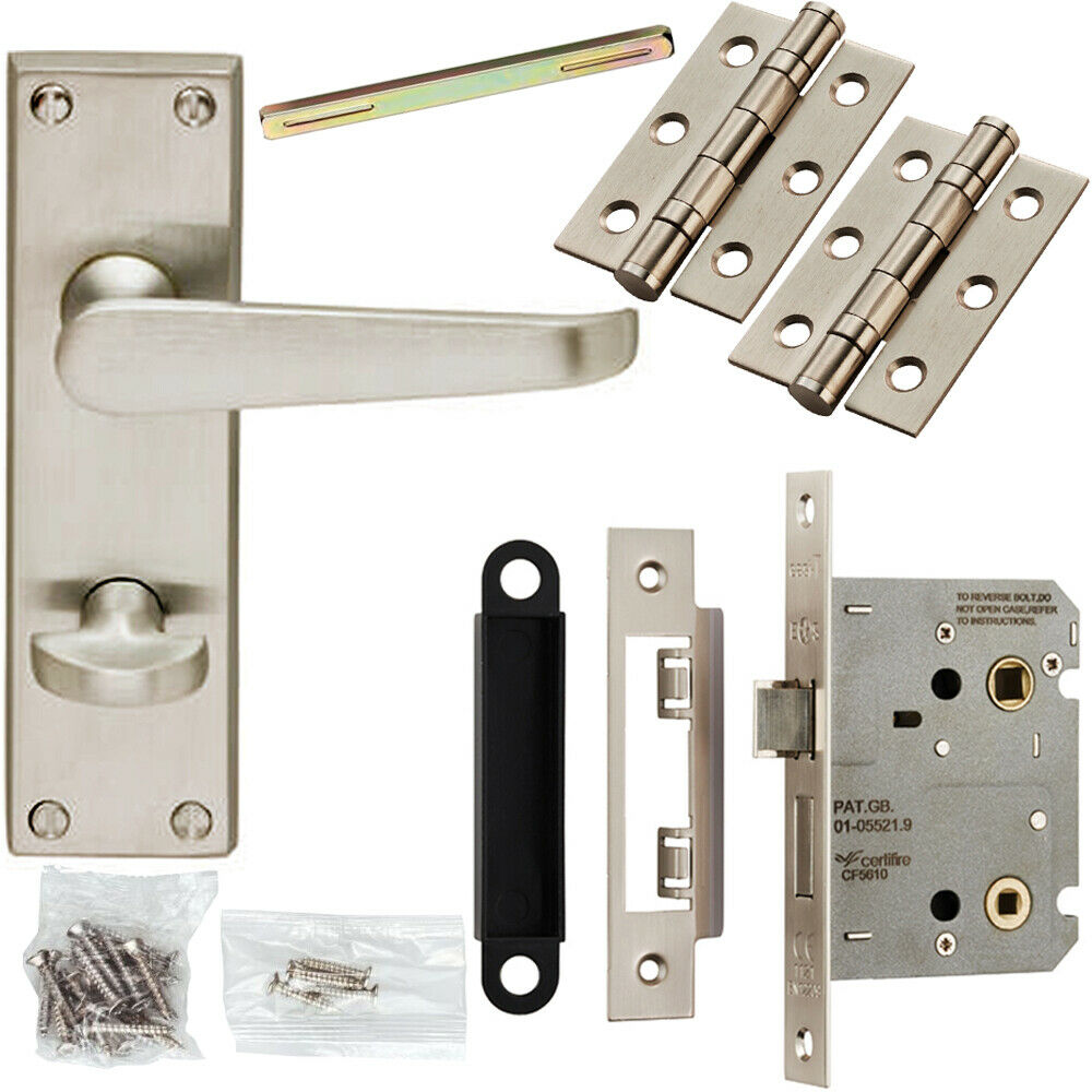 Loops Door Handle & Bathroom Lock Pack Satin Chrome Victorian Flat Lever Backplate