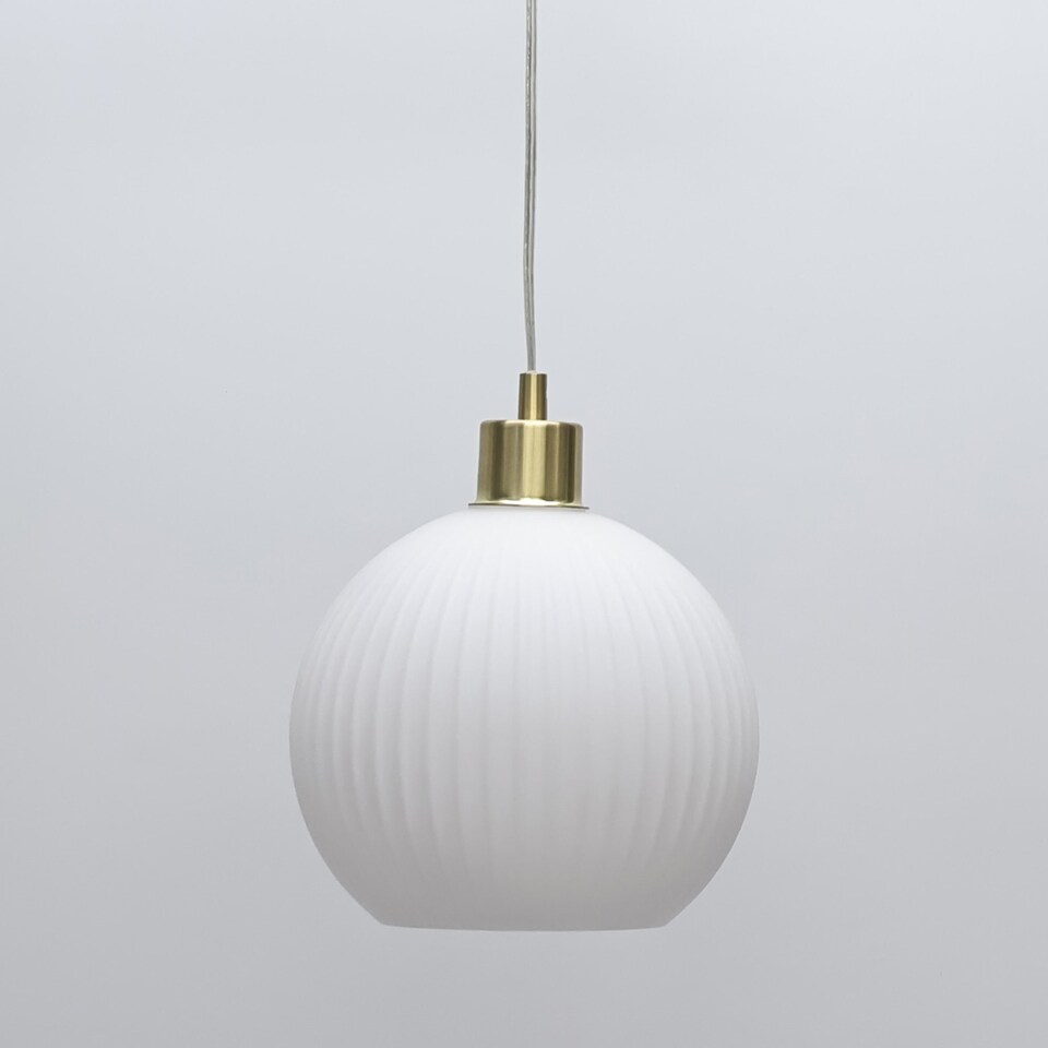 image 1 of Set of 2 Betchley - White Ribbed Glass Globe with Satin Brass Pendants | White | White glass with satin brass plate detail | Small | 2