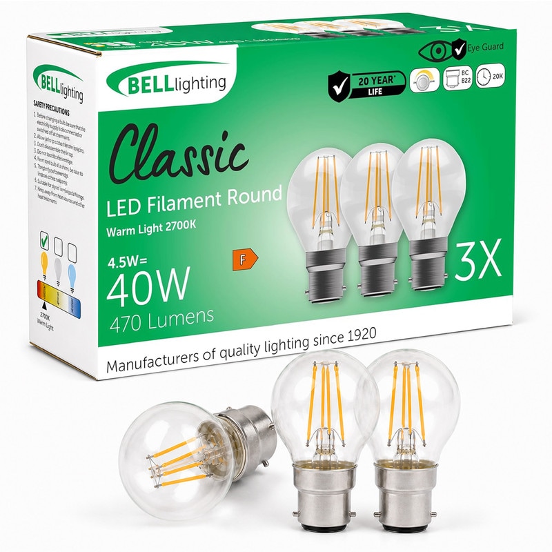 BELL Lighting B22 Dimmable LED Filament Golf Ball Bulb Warm White 4.5W 470lm | Size: Pack of 3