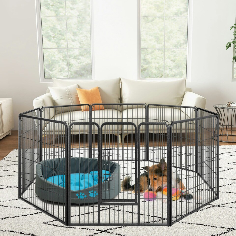 image 1 of COSTWAY 8 Panel 80cm Height Pen Fence w/ Lock Black Black