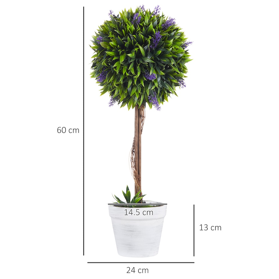 image 1 of HOMCOM Set of 2 Decorative Artificial Plants Ball Trees with Lavender Flowers in Pot Fake Plants for Home Indoor Outdoor Decor, 60cm, Green