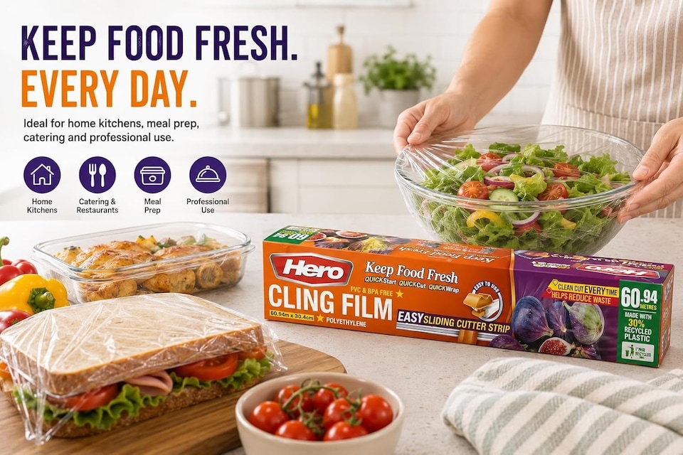 image 1 of Hero Cling Film 60m x 30cm with Easy Sliding Cutter – Kitchen & Catering Cling Film Dispenser | PVC & BPA Free Food Wrap