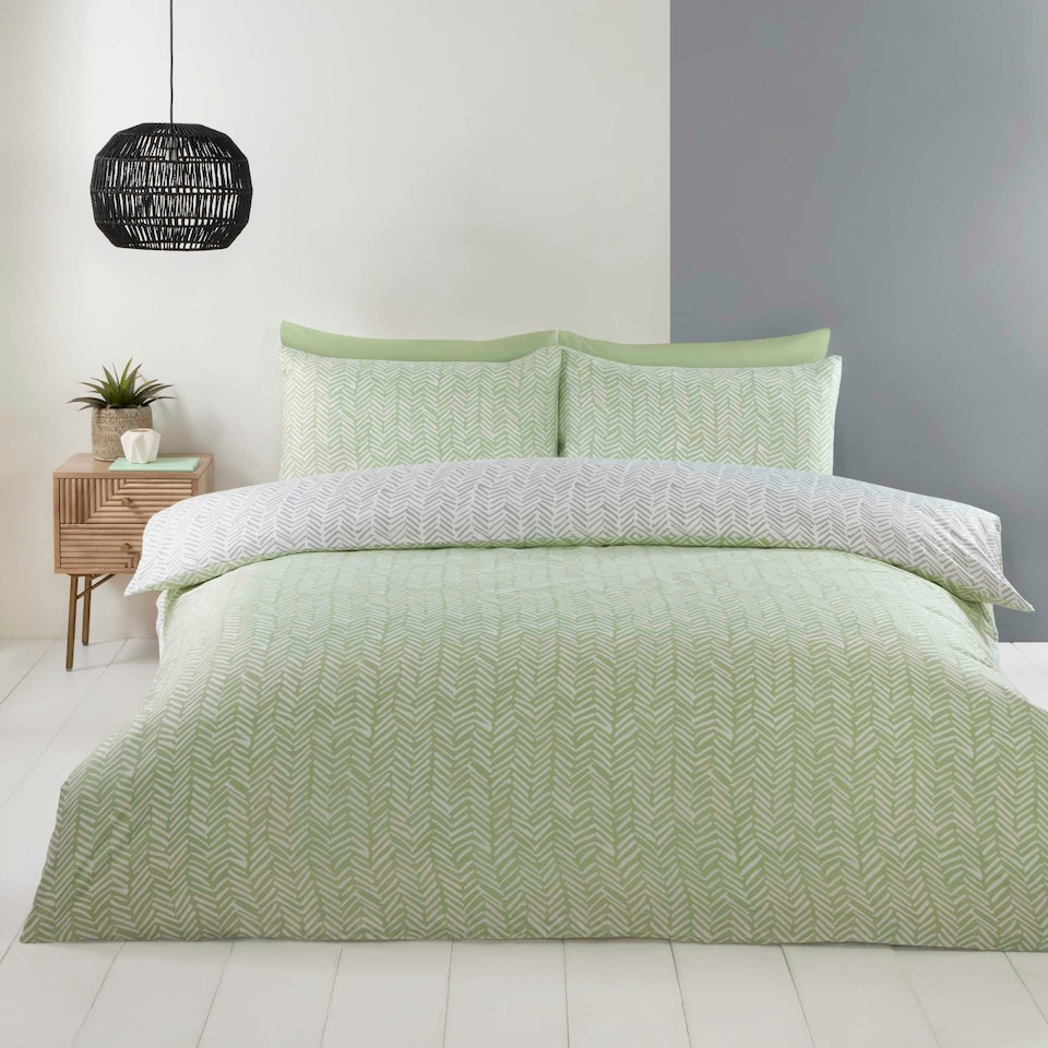 image 1 of Helston Reversible Duvet Cover Set with Pillowcase Bedding Green | King