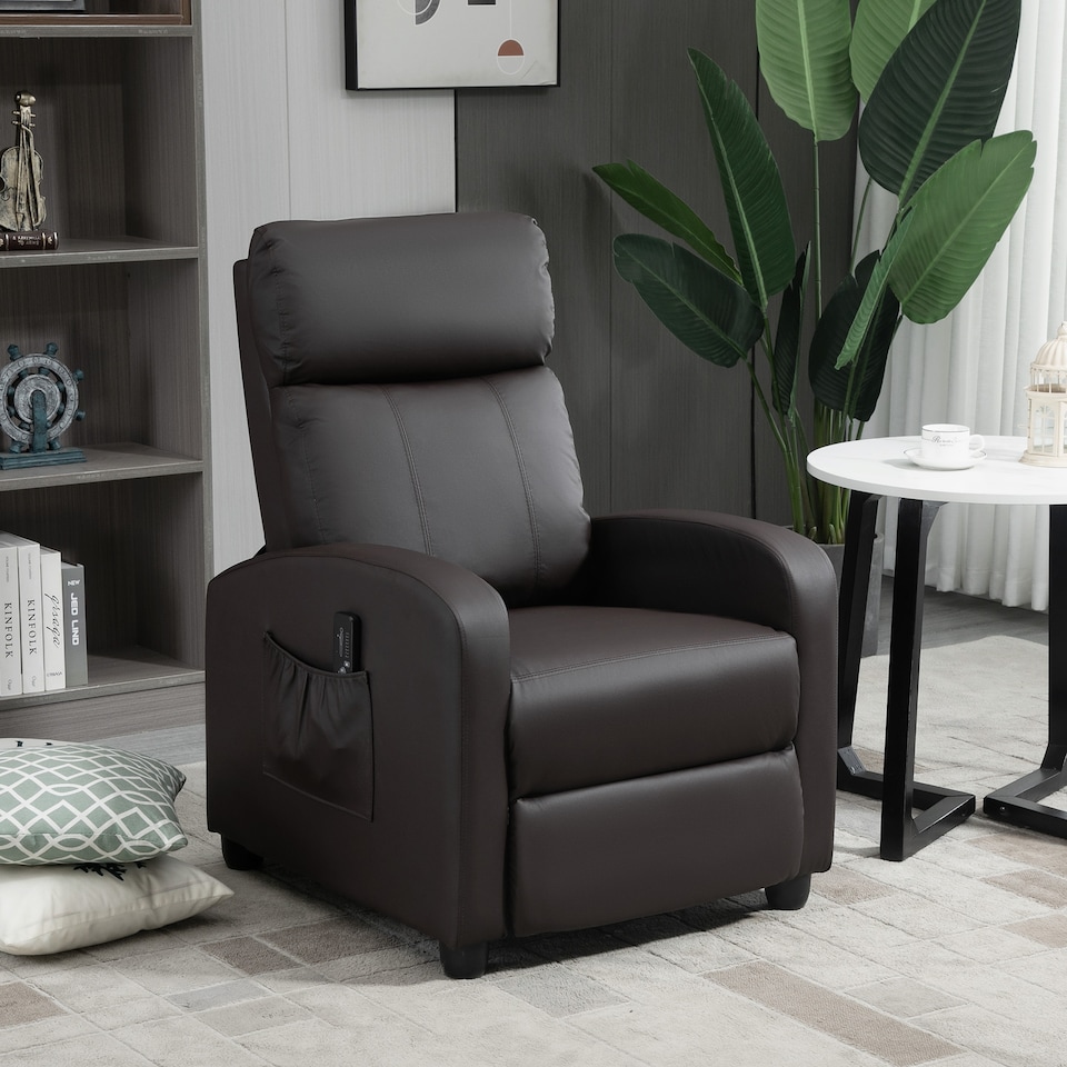 image 1 of HOMCOM Recliner Armchair, Massage Faux Leather Push Back Reclining Chair with Adjustable Leg Rest, Side Pocket, for Home Living Room Theatre, Brown