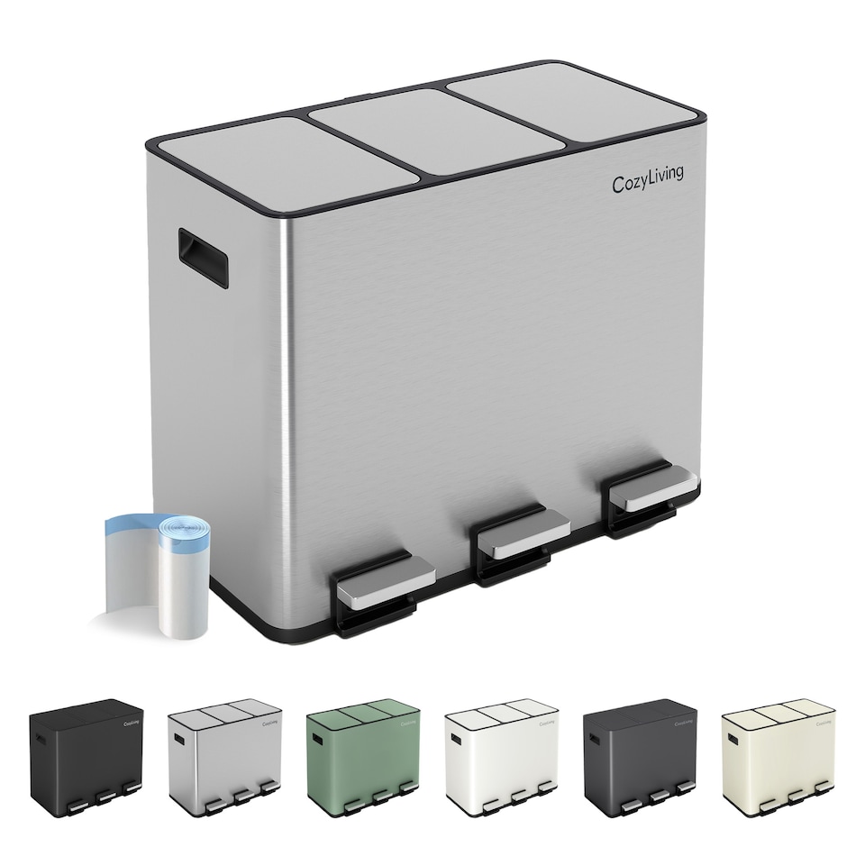 image 1 of CozyLiving 45L Triple Pedal Bin for Recycling and General Waste Rubbish Kitchen Bin 3x 15L