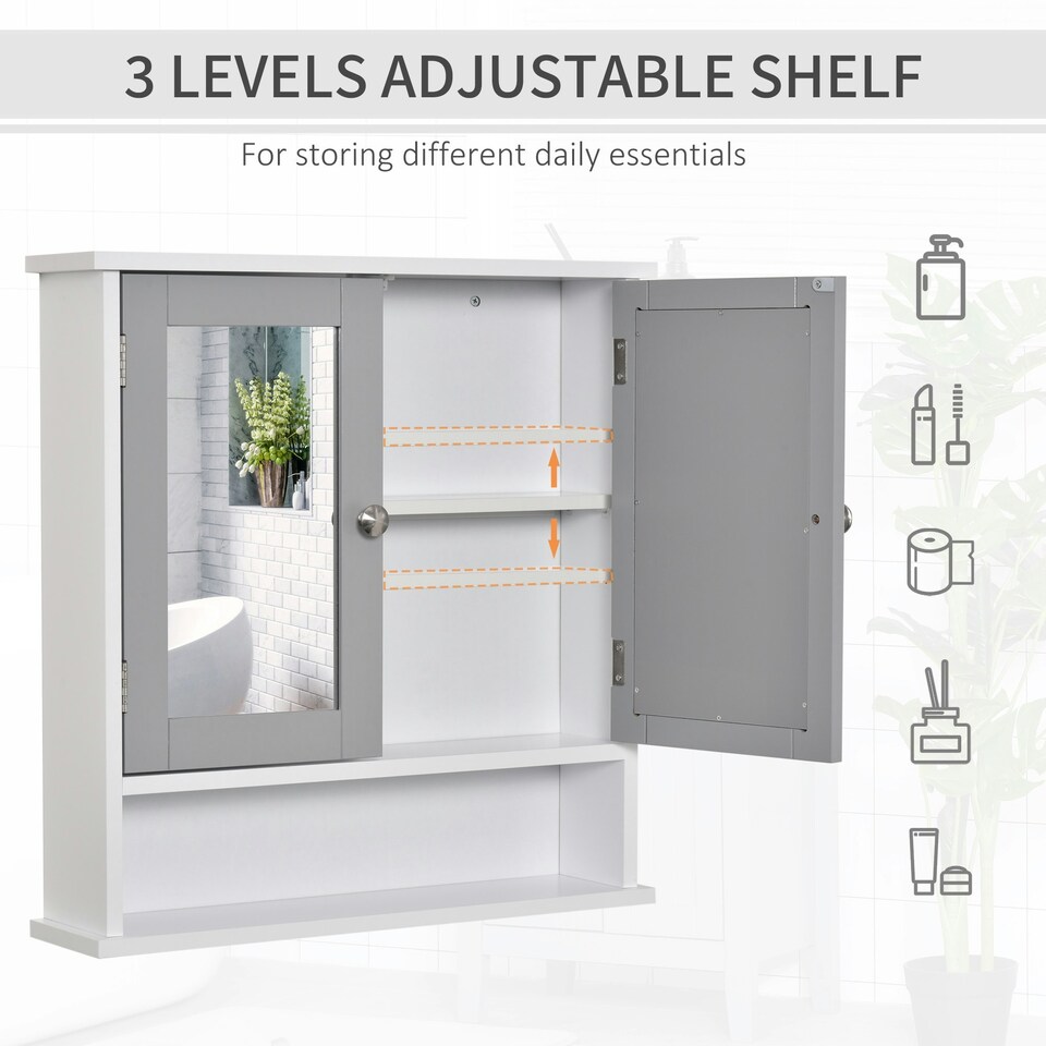 image 1 of kleankin Wall Mounted Mirror Cabinet W/ Double Mirror Doors & Adjustable Shelf