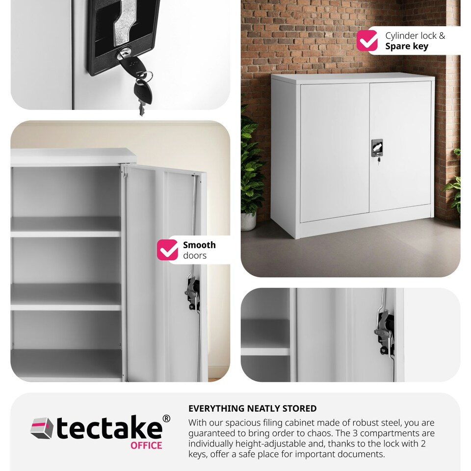 image 1 of Filing Cabinet - 3 shelves, height-adjustable, lockable, 90 x 40 x 90 cm Grey