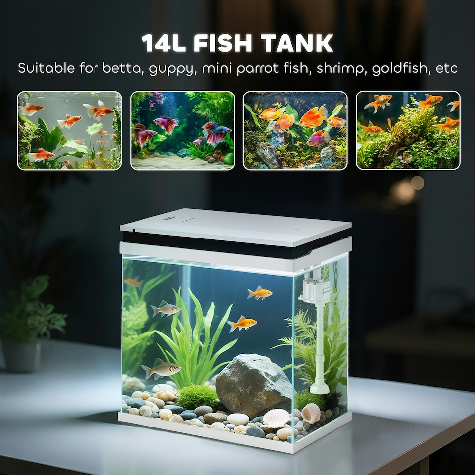 image 1 of PawHut 14L Small Fish Tank with Filter System, LED Lights, Water Pump, White