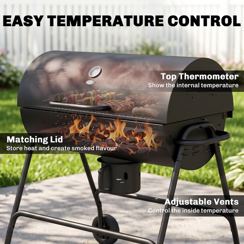 image 1 of Outsunny Barrel Charcoal Barbecue BBQ Grill Trolley W/ Ash Catcher Thermometer | Black | Black