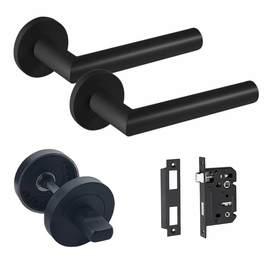 image 1 of Golden Grace Mitred Design Bathroom WC Toilet Door Handles Set on Round Rose Matt Black Finish with 64mm Bathroom Mortise Lock and Thumbturn Black