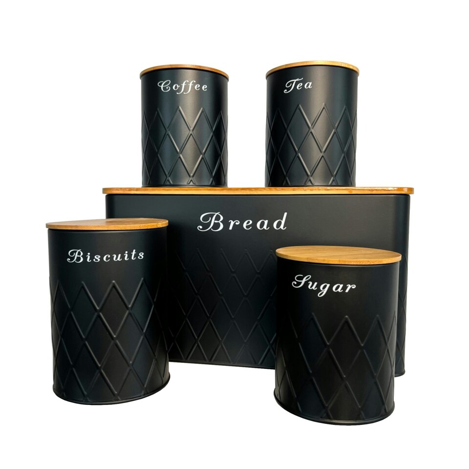 image 1 of Oypla 5pc Black Bamboo Lid Kitchen Canister Storage Tin Set Bread Biscuits Tea Sugar Coffee Black
