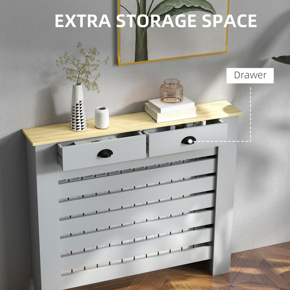 image 1 of HOMCOM Radiator Cover with Drawer, Horizontal Slat, 111cm, Grey