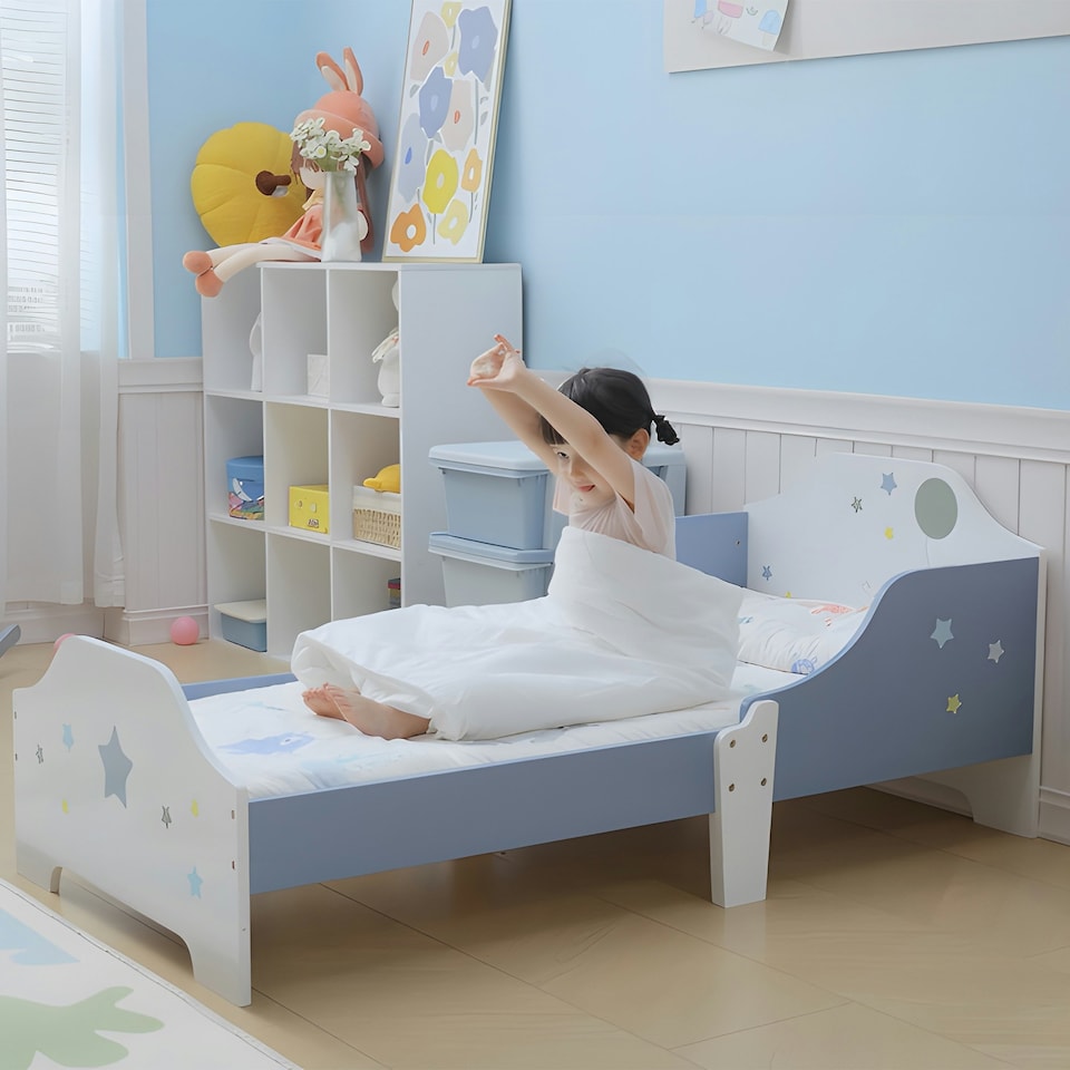 image 1 of HOMCOM Kids Star Balloon Single Bed Frame w/ Guardrails Slats Bedroom Furniture
