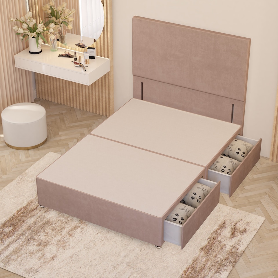 image 1 of Divan Bed Base with 4 Drawers & Plain Floor Standing Headboard Plush Velvet | Pink | Pink