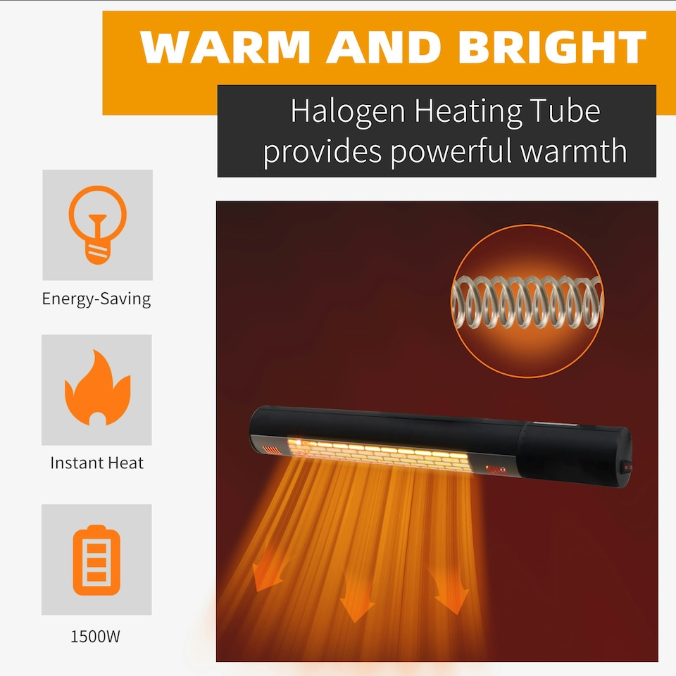 image 1 of Outsunny 1500W Electric Halogen Heater Garden Warmer Wall Mount Remote Control