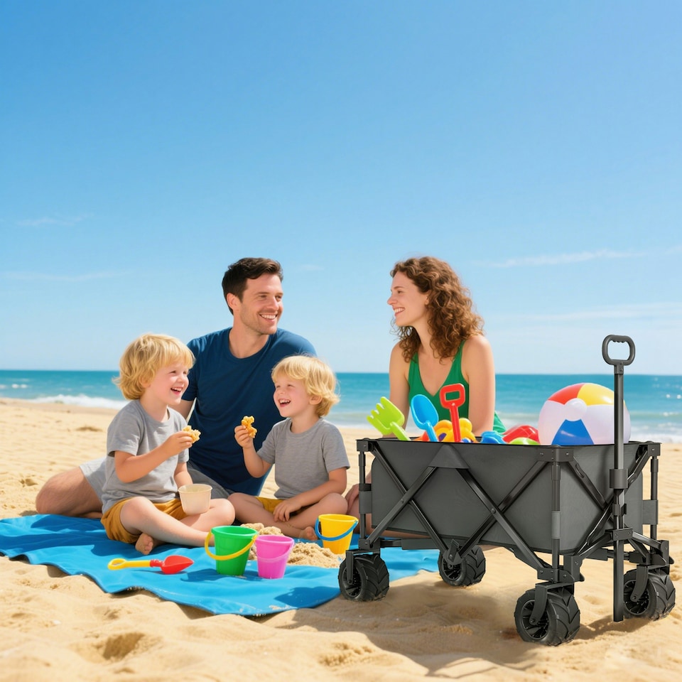 image 1 of Outsunny Outdoor Cart Folding Cargo Wagon Trailer Beach w/ Handle Dark Grey
