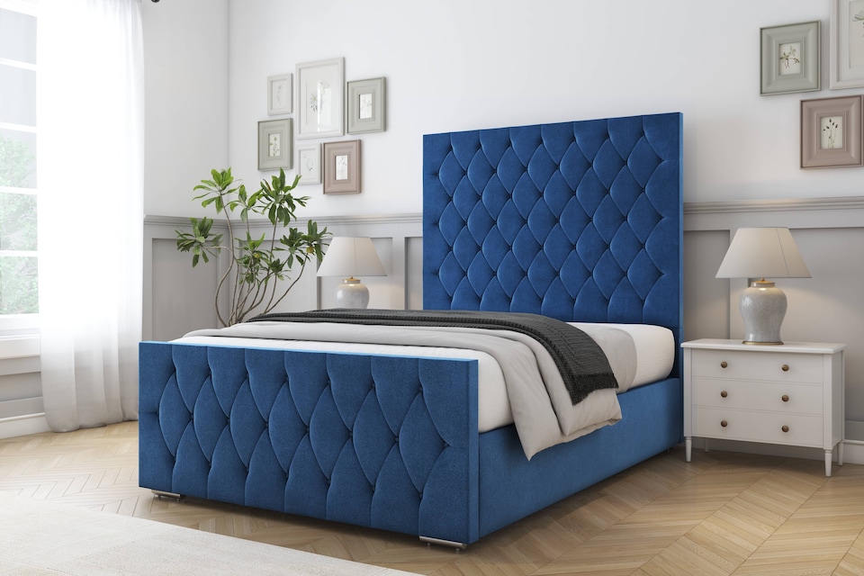 image 1 of Sloomy Watson Navy Plush Bed Frame With 50" Upholstered Headboard 6' Super King