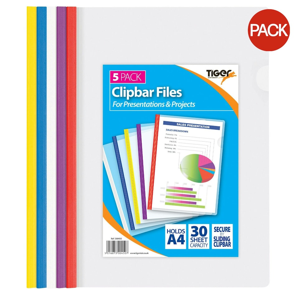 Tiger A4 Clipbar File (Pack of 5) - Multicoloured - One Size | Multi | 5