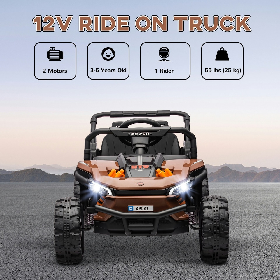 image 1 of AIYAPLAY Kids Ride on Car, 12V Electric Truck w/ Horn, Lights, USB, Brown