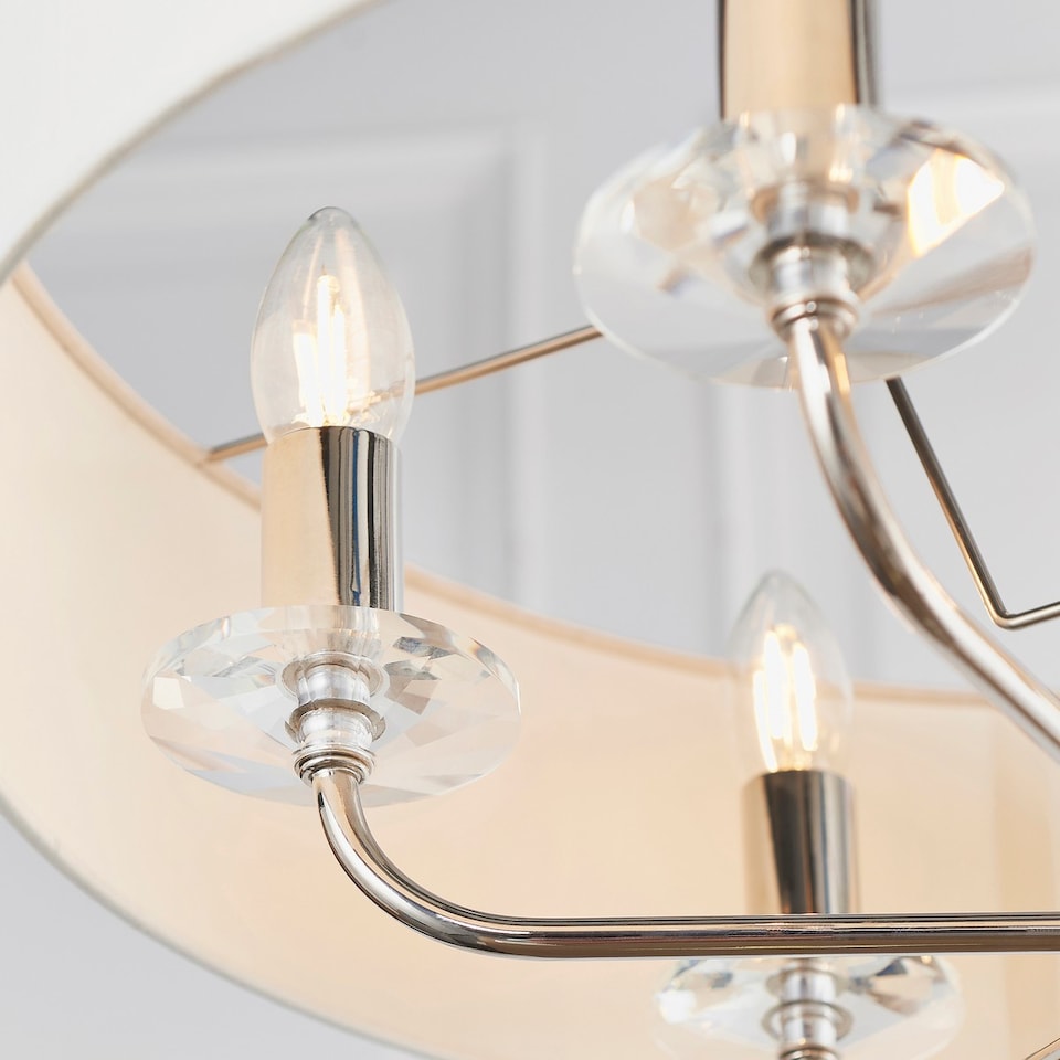 image 1 of Nixon 6 Light Multi Arm Ceiling Pendant Nickel Plate, White Silk Effect, E14