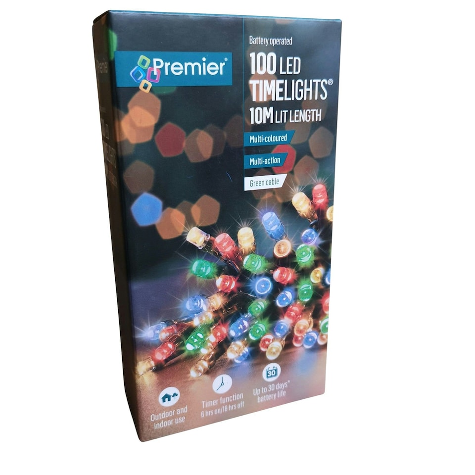image 1 of 100 LED 10m Premier Christmas Indoor Outdoor Multi Function Battery Operated String Lights with Timer in Multicoloured