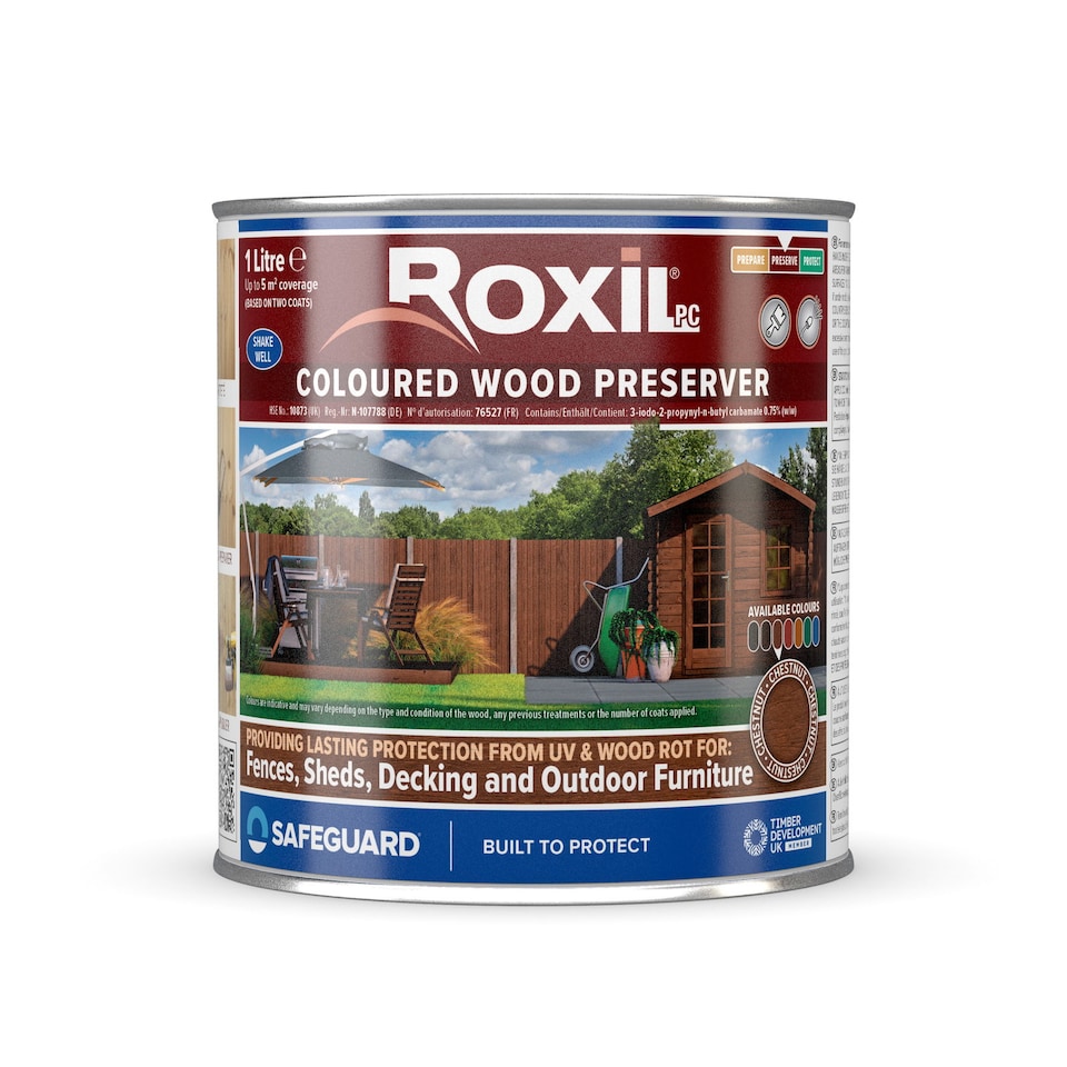 image 1 of Roxil Wood Stain Preserver (1L Chestnut) - 5 Year Protection for Indoor & Outdoor Decking, Fence, Shed, Furniture.5m Coverage
